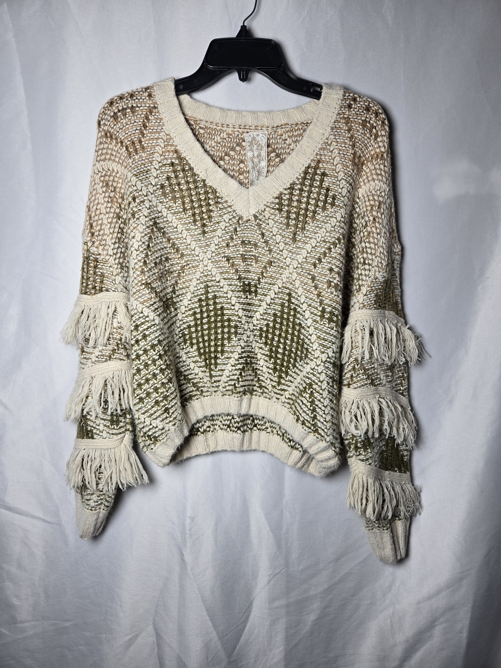 Sadie & Sage Cream and Olive Fringe V-Neck Sweater